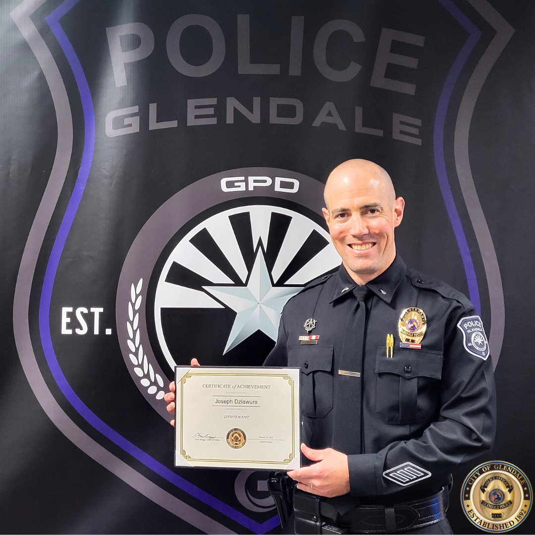 Please join us in congratulating Lieutenant Joe Dziawura on his recent promotion! Lieutenant Dziawura has been with the Glendale Police Department for 15 years. He is most looking forward to mentoring the next wave of leaders within the Glendale Police Department.