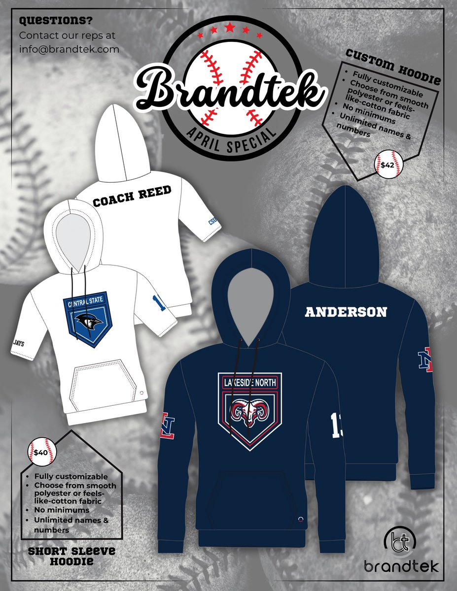 April specials are in full swing! ⚾️Fully customizable baseball-themed hoodies starting at $40. Crafted from smoothie polyester or cotton-like fabric, choose your style: short or long sleeve. Score unlimited names and numbers. #Brandtek #CustomHoodies
