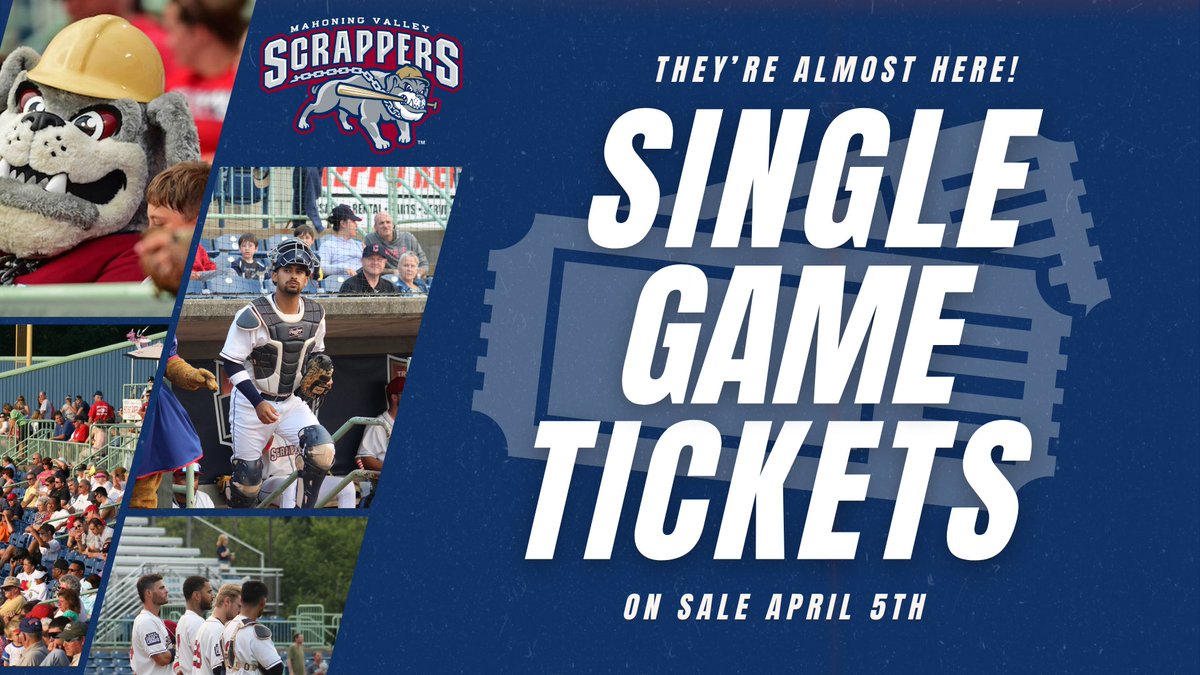 🎟️Mahoning Valley Scrappers single game tickets will go on sale Friday, April 5, 2024 at 10am. Tickets will be available online at mvscrappers.com, by calling 330-505-0000 or at the Chevy All-Stars Box Office at Eastwood Field.