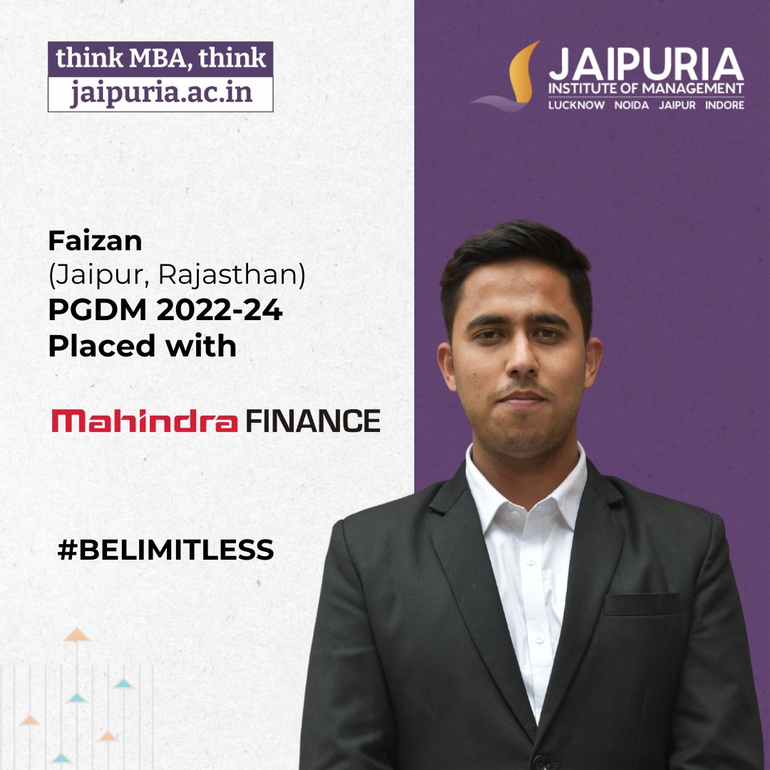 🌟 Faizan joins Mahindra Finance, fueling dreams and aspirations! 🚀 Elevate your career with Jaipuria Institute of Management. Apply for PGDM 2024-26 at apply.jaipuria.ac.in. 📝 #JaipuriaPlacements #PGDM2024 #ApplyNow