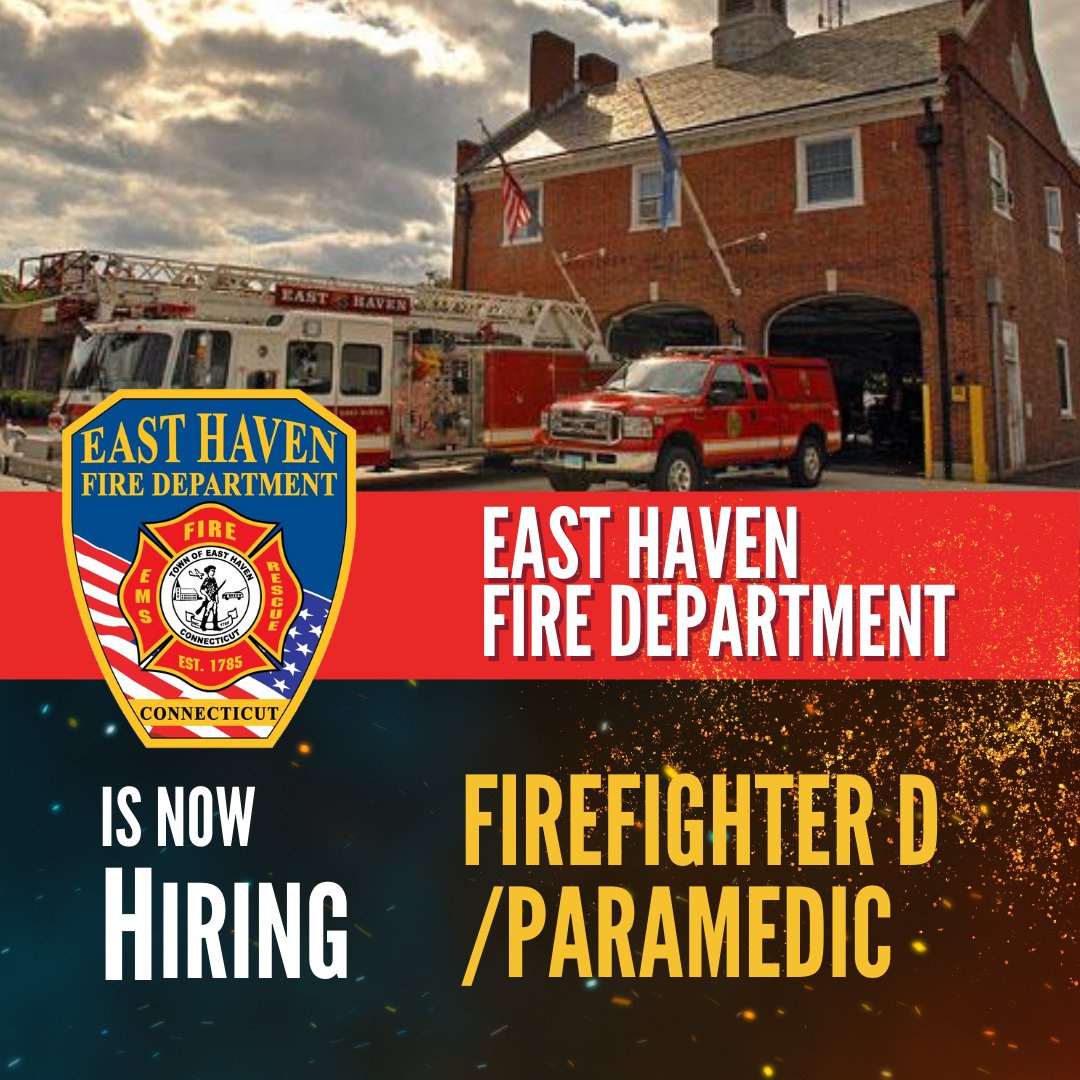 Now Hiring Firefighter D/Paramedic in East Haven, CT! 

GET STARTED: hubs.li/Q02j7Jpv0

For more details, contact aliquori@easthaven-ct.gov.

#EastHavenFireDepartment #FirefighterJobs #NowHiring #ParamedicCareer #EastHavenCT