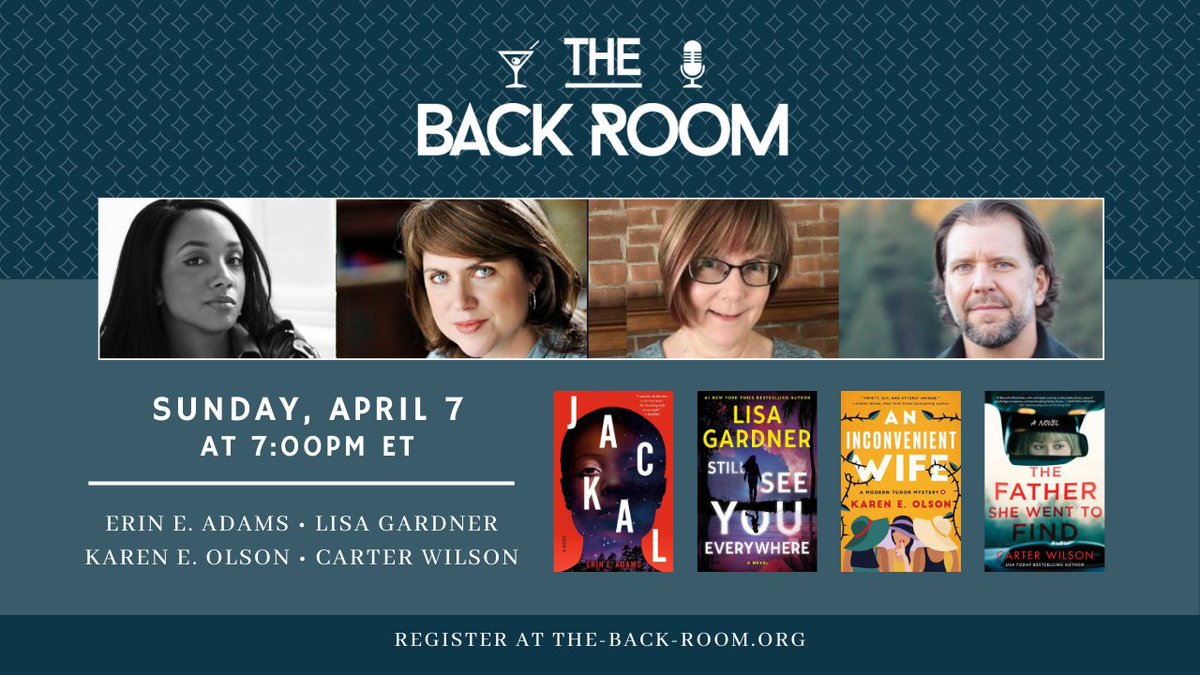 Sunday, April 7 at 7pm ET | Join your hosts @HankPRyan and @KarenDionne for Riveting Reads with:⁠ ⁠ • @IamEEAdams • @LisaGardnerBks • Karen E. Olson • Carter Wilson ⁠ ⁠Register today at the-back-room.org/april-7/ ⁠ #authortalkseries #authorchat #authorevent