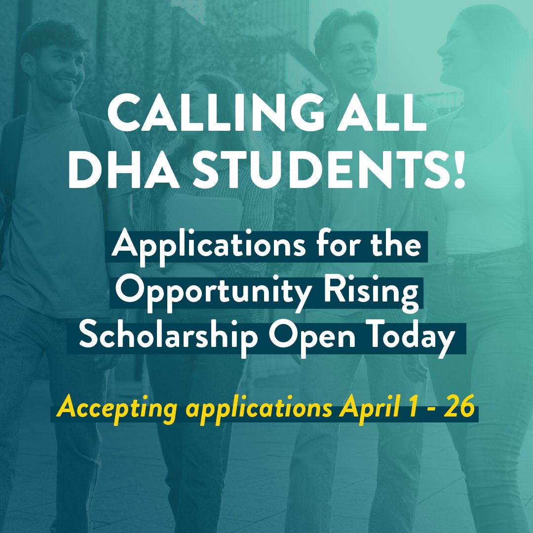 OppRising's tweet photo. Attention all DHA scholars: it’s time to apply for an Opportunity Rising Scholarship! Applications will be accepted between April 1 and April 26, so don’t delay! Check out more information and apply today: https://t.co/0zQAtwvz5i https://t.co/2W4b7zCzQO