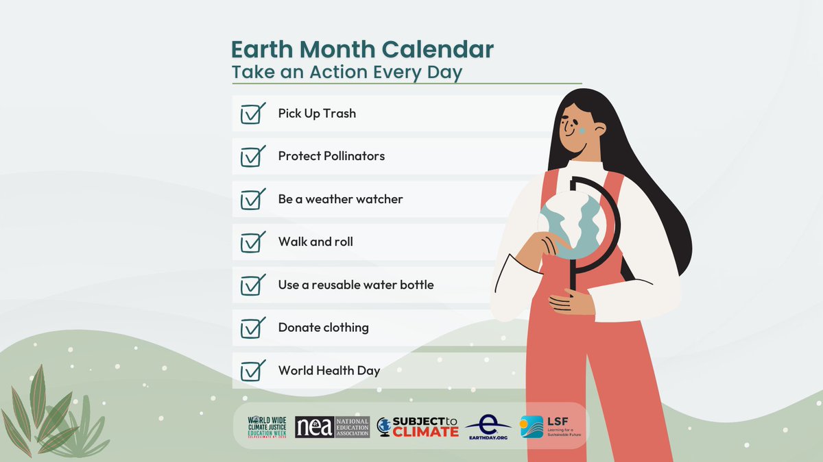 Kick off #EarthMonth by exploring our Earth Month Calendar!🌍
With 22 days to Earth Day, dive into daily themes from pollinators to sustainability. Let’s empower our students to make a difference. 📅🌱
<a href="/EarthDay/">EARTHDAY.ORG</a> <a href="/worldwideTI/">Worldwide Climate and Justice Education Week</a> <a href="/LSF_LST/">LSF/LST</a> <a href="/NEAToday/">NEA</a>

Link👉bit.ly/49EoFBB