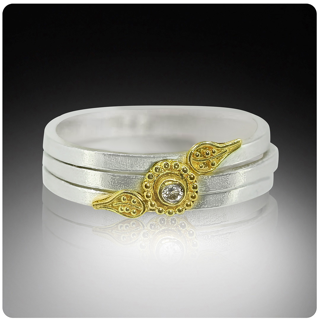 nancytroske's tweet image. Falling Leaf Stacking rings #tinydiamond #22k #fused #goldleaves #finesilver #stackingrings #handcraftedleaves #highkaratgold #ancienttechniques #ancientinspiration #granulation
