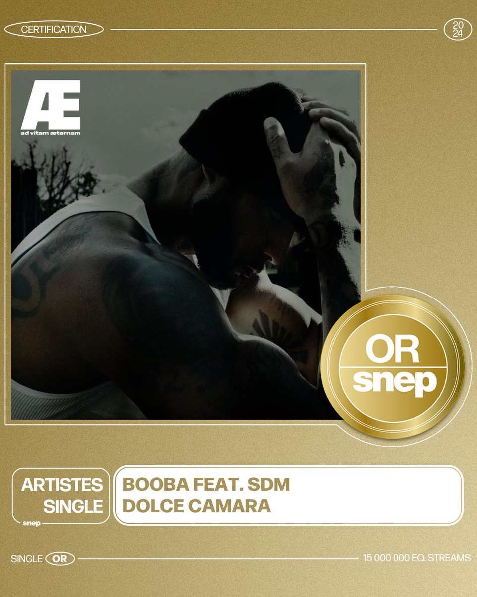 Le titre « Dolce Camara » de Booba & SDM est certifié Single Or ! 📀 15 000 000 équivalents streams 🎧 Bravo ! 👏