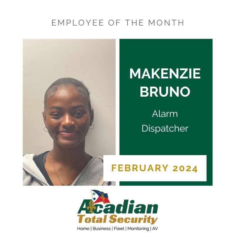 acadiansecurity's tweet photo. Congratulations to Makenzie Bruno, our February 2024 Employee of the Month! Makenzie, who works as an ATS Alarm Dispatcher, received this honor due to her exceptional professionalism, compassion, and patience, particularly evident in her interactions with elderly callers. https://t.co/SN24GW89Rm