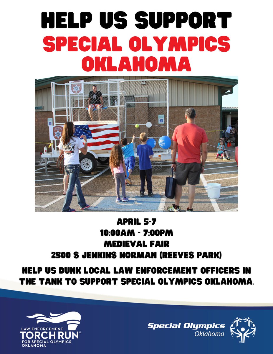 Come out and dunk your favorite (or not so favorite) cops and help raise money for Special Olympics Oklahoma. We will be at the Medieval Fair of Norman 2024 all three days. We will have athletes out as well. We will also have some Oklahoma LETR merchandise for sale.