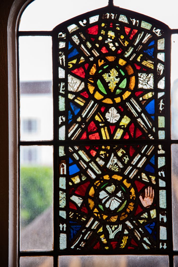 Stained glass (assembled from fragments), The Old Library, Sidney Sussex College, University of Cambridge. 📷 Stephen Matthews
