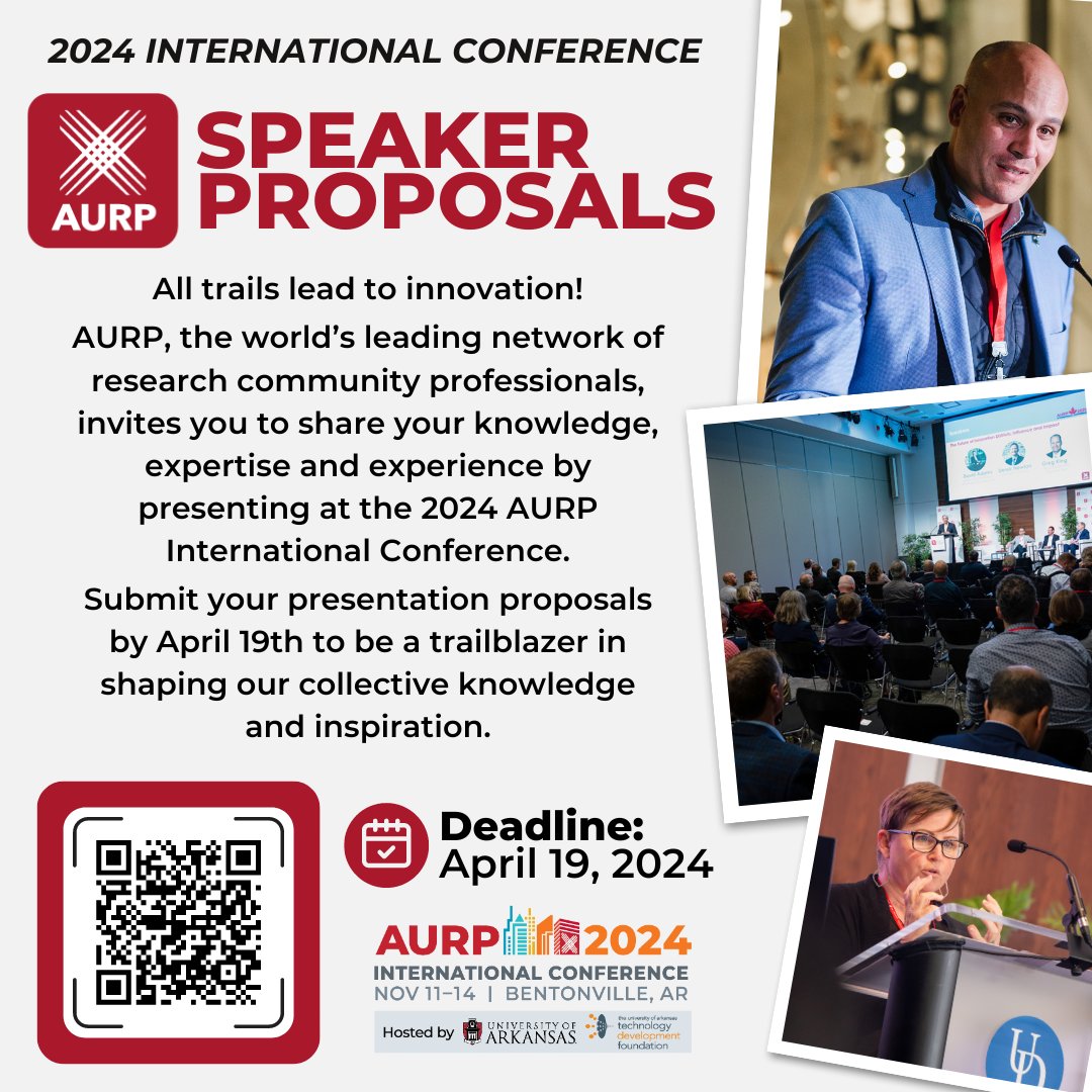 #AURPinAction: Submit your speaker proposals for AURP's 2024 International Conference - hosted by @UArkansas and University of Arkansas Technology Development Foundation. Deadline to submit is 4/19! bit.ly/3VckIQB #AURP2024 #ResearchParks #buildingtheAURPnetwork