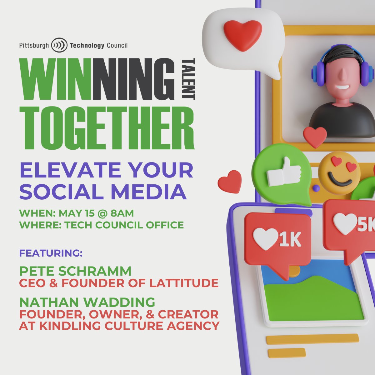 Want to learn how to target a professional mindset and grow your company’s presence on LinkedIn and other social media platforms? Attend our upcoming Winning Talent Together Workshop! pghtech.org/events/WTT_Soc…