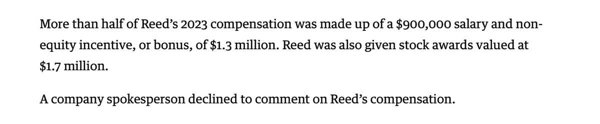 PBNewsGuild's tweet photo. A friendly reminder that Reed's pay is SEVENTY SIX TIMES that of the average worker at Gannett, who gets paid just $50,856 each year. https://t.co/Bt8jUeyiLQ