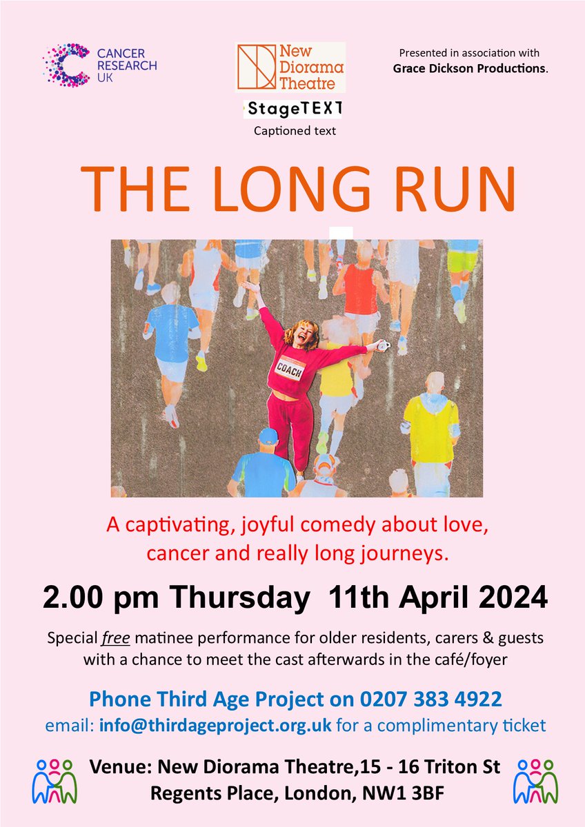 TAP Members, Carers and their guests are kindly invited to join us at a special matinee age friendly performance of the acclaimed The Long Run at the New Diorama Theatre with complimentary refreshments served after the show with an opportunity to socialise and meet the cast.