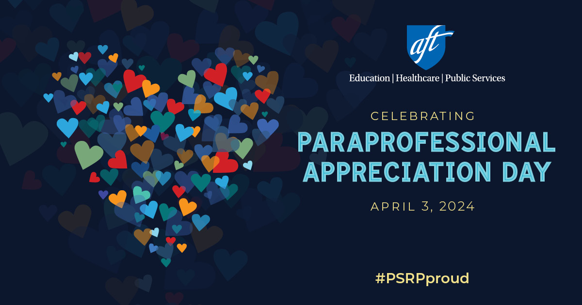 Every day, paraprofessionals and school support professionals help kids learn, grow, and thrive in our schools. Today, we thank them for all that they do. Share the graphics below to show your appreciation for paraprofessionals in your community! @PSRP_AFT