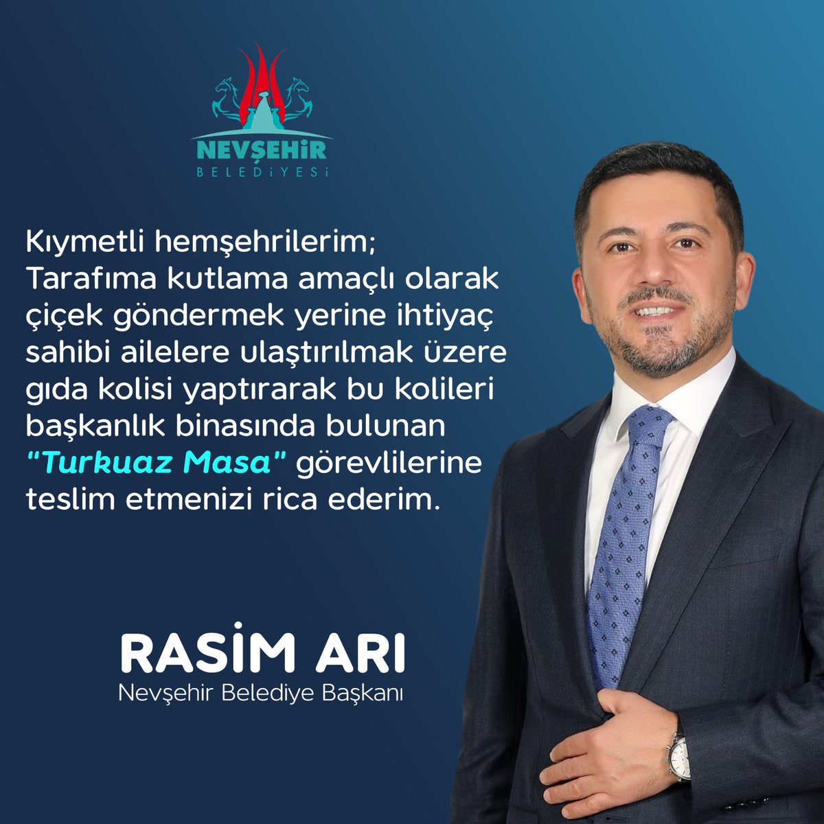 nevsehir_bel's tweet photo. Başkan Arı’dan Çiçek Yerine İhtiyaç Sahibi Aileler İçin Gıda Kolisi Çağrısı https://t.co/5F0Q5DGF1X