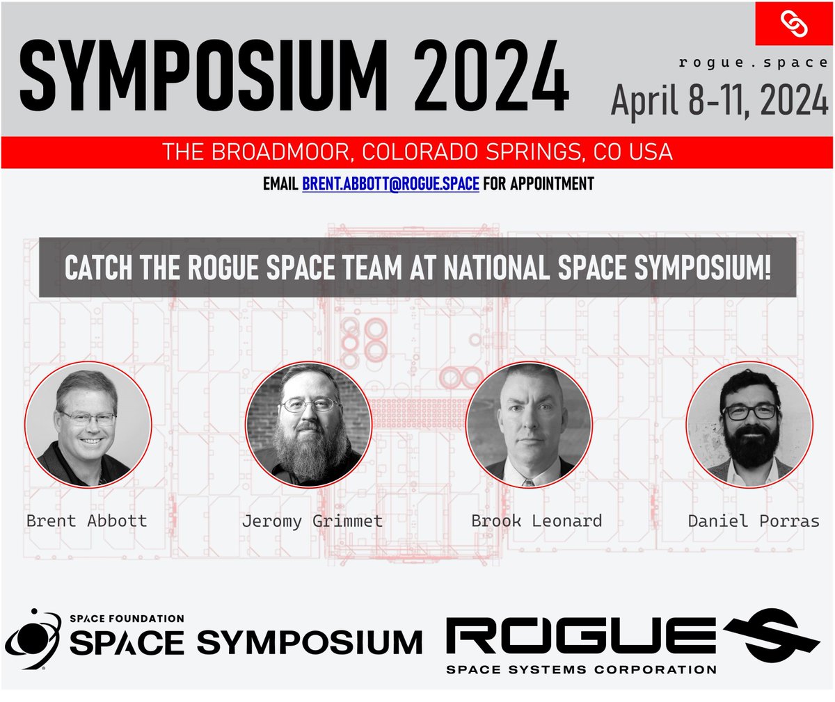 Rogue will be at Space Symposium in Colorado Springs, April 8th - 11th. We'd love to talk to you about your payload hosting, in-space logistics or other needs! Please email brent.abbott@rogue.space to set up a time with him, Brook Leonard, Jeromy Grimmett, or Daniel Porras.