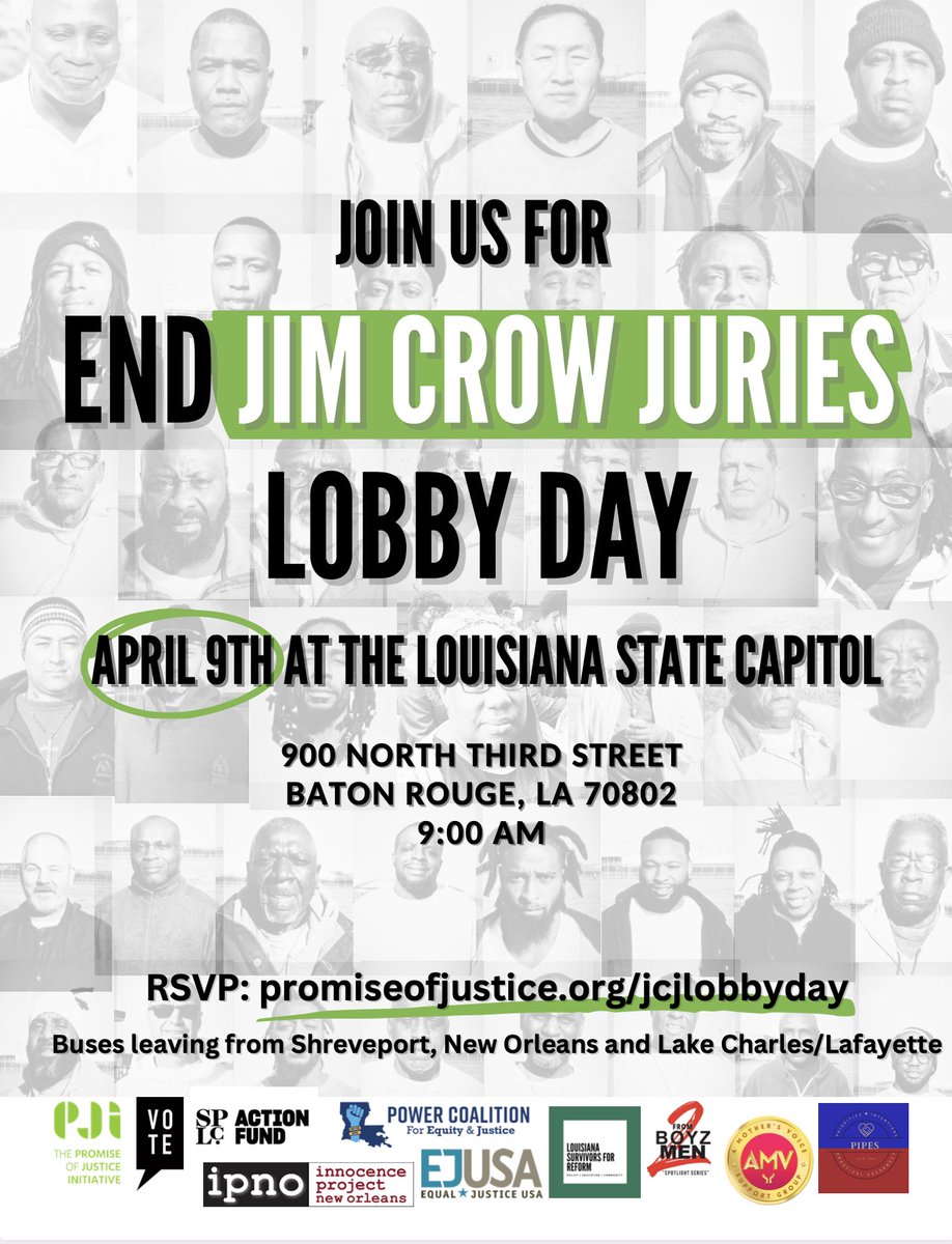 Join The Promise of Justice Initiative on April 9 to support #SB383, a bill providing a pathway to new trials for those convicted with unconstitutional, non-unanimous juries. Tell senators to vote YES on SB 383 to #EndJimCrowJuries. RSVP at bit.ly/YESonSB383 #lalege #lagov