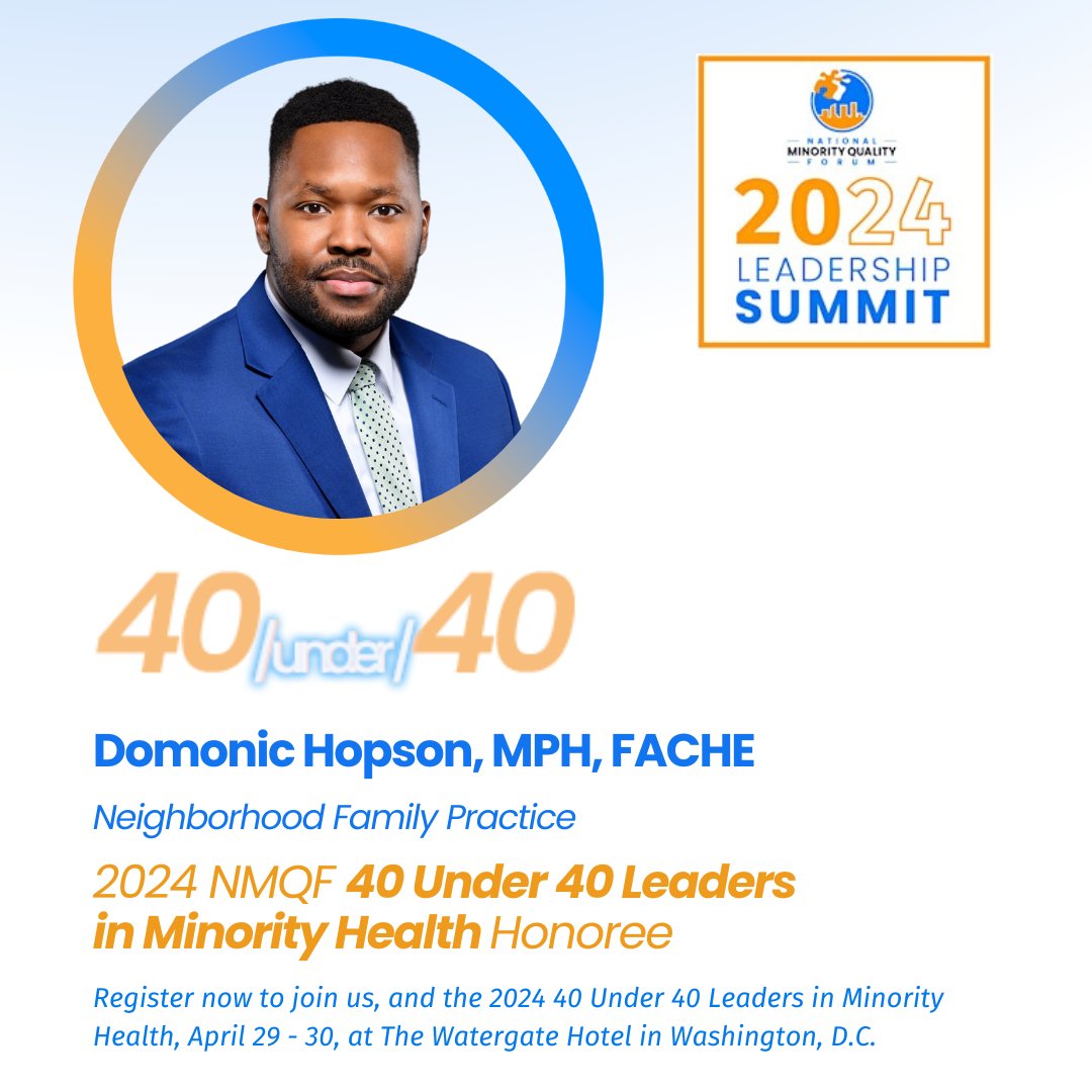 Please welcome Domonic Hopson, MPH, FACHE, one of our 2024 #NMQF40Under40 Honorees!

Learn more about the NMQF Leaders in Minority Health Awards. nmqf.org/40-under-40/

#NMQFSummit24 <a href="/DomonicHopson/">Domonic Hopson</a> <a href="/NFPMedCenter/">Neighborhood Family Practice</a>