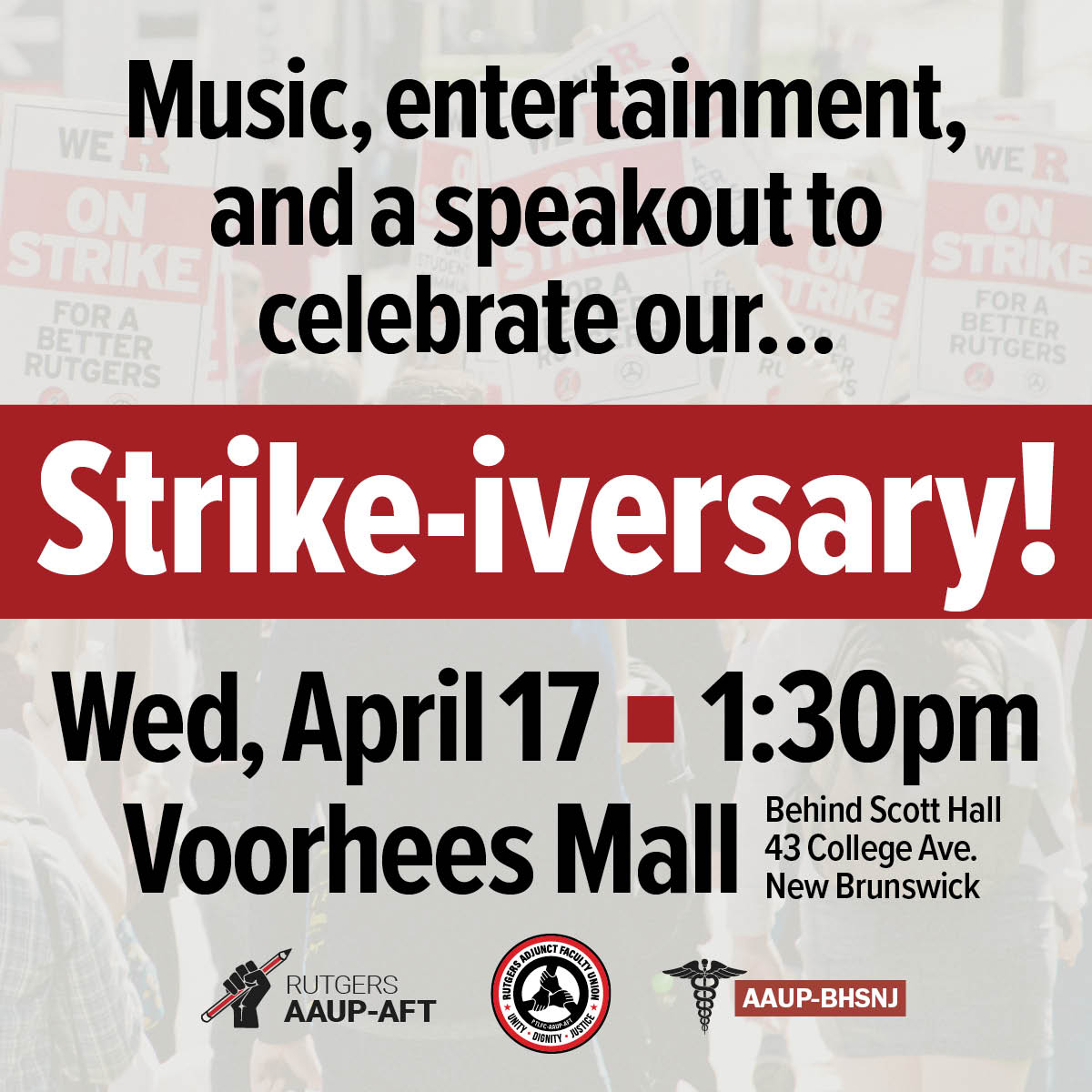 ruaaup_ptl's tweet photo. We'll soon mark one year since our historic strike last spring. The New Brunswick chapter will celebrate our "strike-iversary" with music, entertainment, and a speakout on Voorhees Mall on Wed, April 17 at 1:30pm. See you there! #Strikeiversary #DefendRUniversity https://t.co/iEZYjPnj87