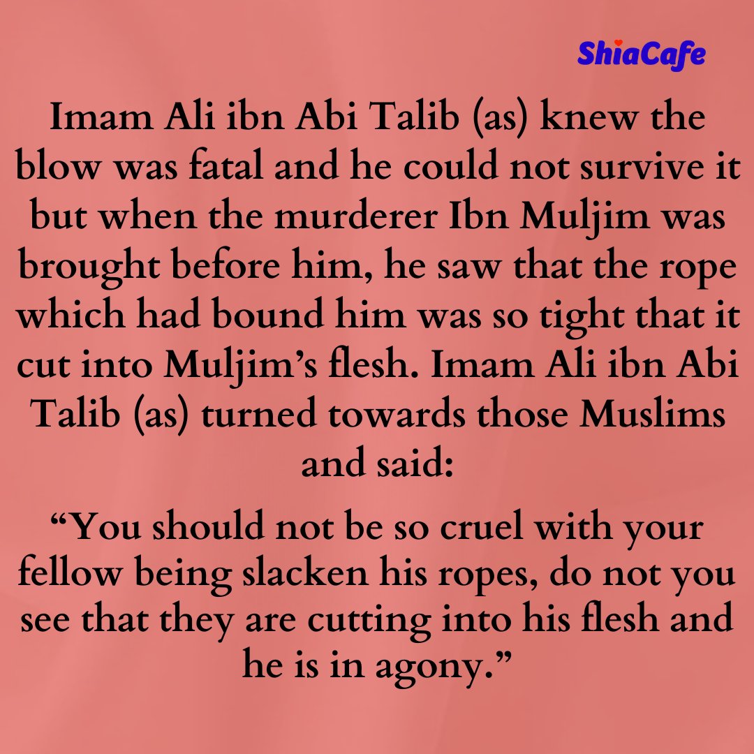 ShiaCafe's tweet photo. How Imam Ali treated his killer

A lesson on excellence of virtue and akhlaque.

#imamali #islam #shia #karbala #najaf #azadari #yaali https://t.co/65t9GuYJ9R