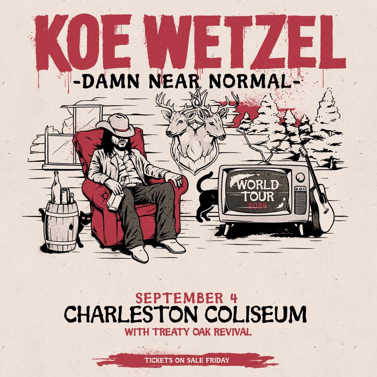 Koe Wetzel is taking the Damn Near Normal Tour to the Charleston Coliseum on September 4th. Tickets on sale this Friday! Don’t miss a wild night to remember 🔥🎸 bit.ly/3IUuf7o