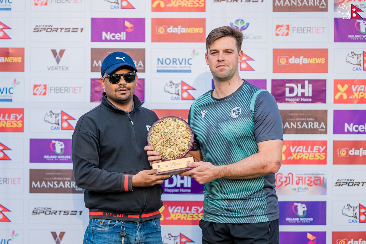 CricketNep's tweet photo. 🚨 Fionn Hand! A stunning performance from the Irish pacer earns him the Player of the Series award! 🏅

#IRETourOfNEP | #OneBallBattles | #NepalCricket | #WorldCupYear2024 https://t.co/1deiei0l3O