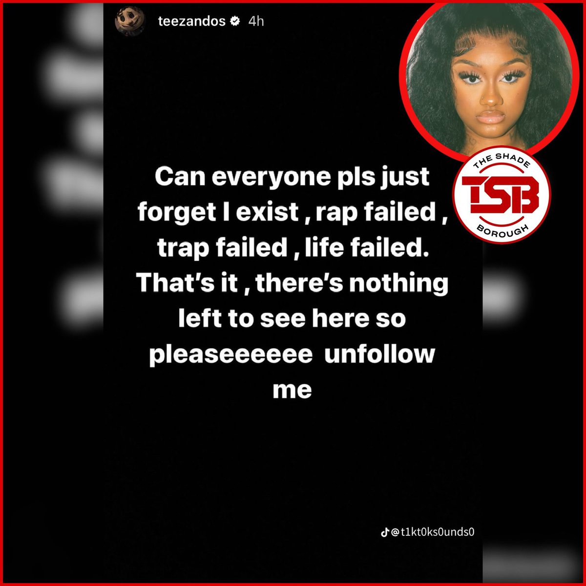 Rapper #Teezandos posted up a couple worrying stories on instagram recently before subsequently deleting/deactivating her account. Our thoughts and support are with Miss Teezandos during these times. 🙏🏼 Disclaimer: *TheshadeBorough does not condone harassment or bullying of…