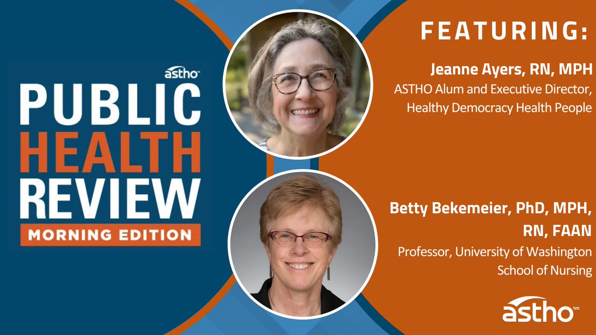 Today's #PHRME focuses on actions that influence #CommunityHealth. ASTHO alum & @Hdhp_initiative's @JeanneAyersMN shares the impact of #CivicEngagement through #voting & @UWSoN's Betty Bekemeier notes the importance of #transportation access. ▶️discover.astho.org/43I1Tqp #NPHW @NPHW