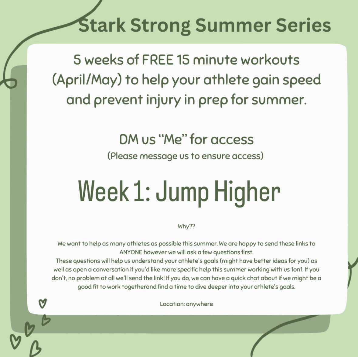 Summer is around the corner but our 5 weeks of FREE 15 minute workouts (April/May) to help your athlete gain speed and prevent injury in prep for summer is HERE NOW. DM “me” for access
