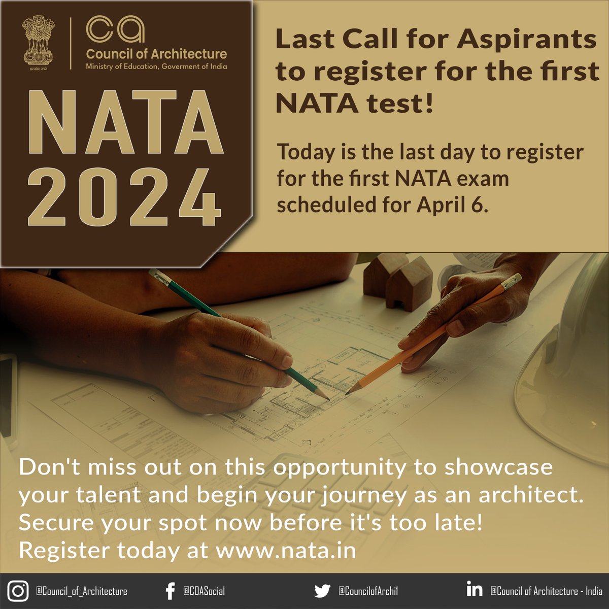 Don't miss your chance! Today is the final call for aspiring architects to register for the first NATA test on April 6th. 

Secure your spot now and take the first step towards your dream career! 

#NATA2024 #NATA #councilofarchitecture #dreamcareer #aspiringarchitects