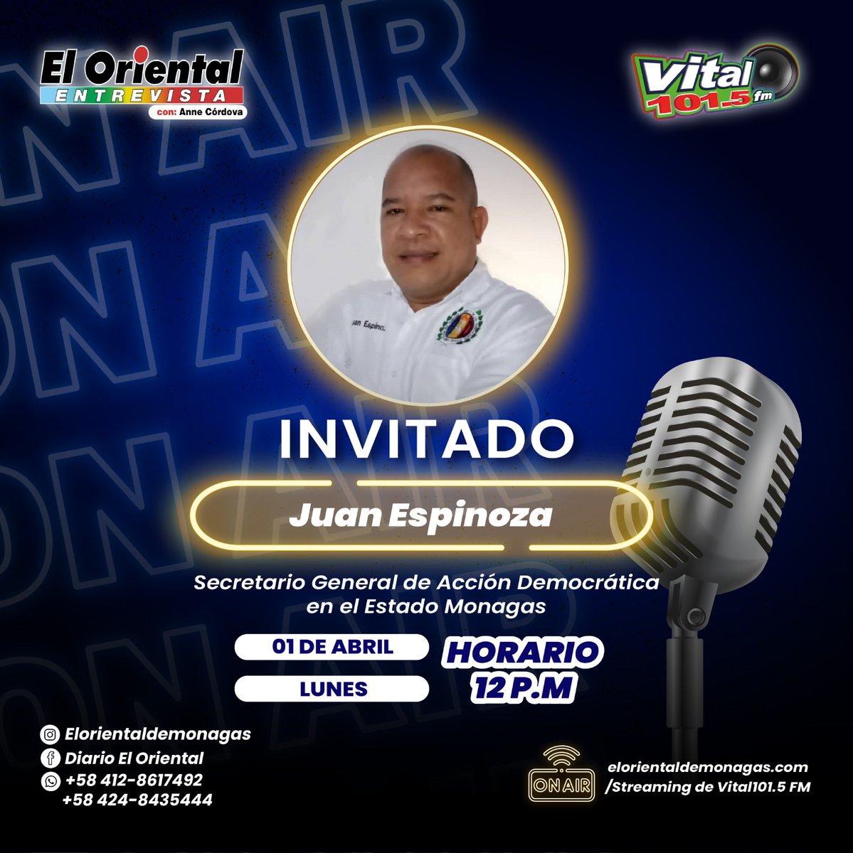 JuanEspinoza_13's tweet photo. #01Abril| Este lunes me Entrevista la Lcda. Anne Córdoba, donde conversaremos temas de interés Regional y Nacional. Te invito a sintonizarnos.

#ElOrientalEntrevista 
 @elorientaldemonagas
Youtube: El Oriental De Monagas
Facebook: Diario El Oriental
X (Twitter): @elorientalmon https://t.co/c49gXcssT5
