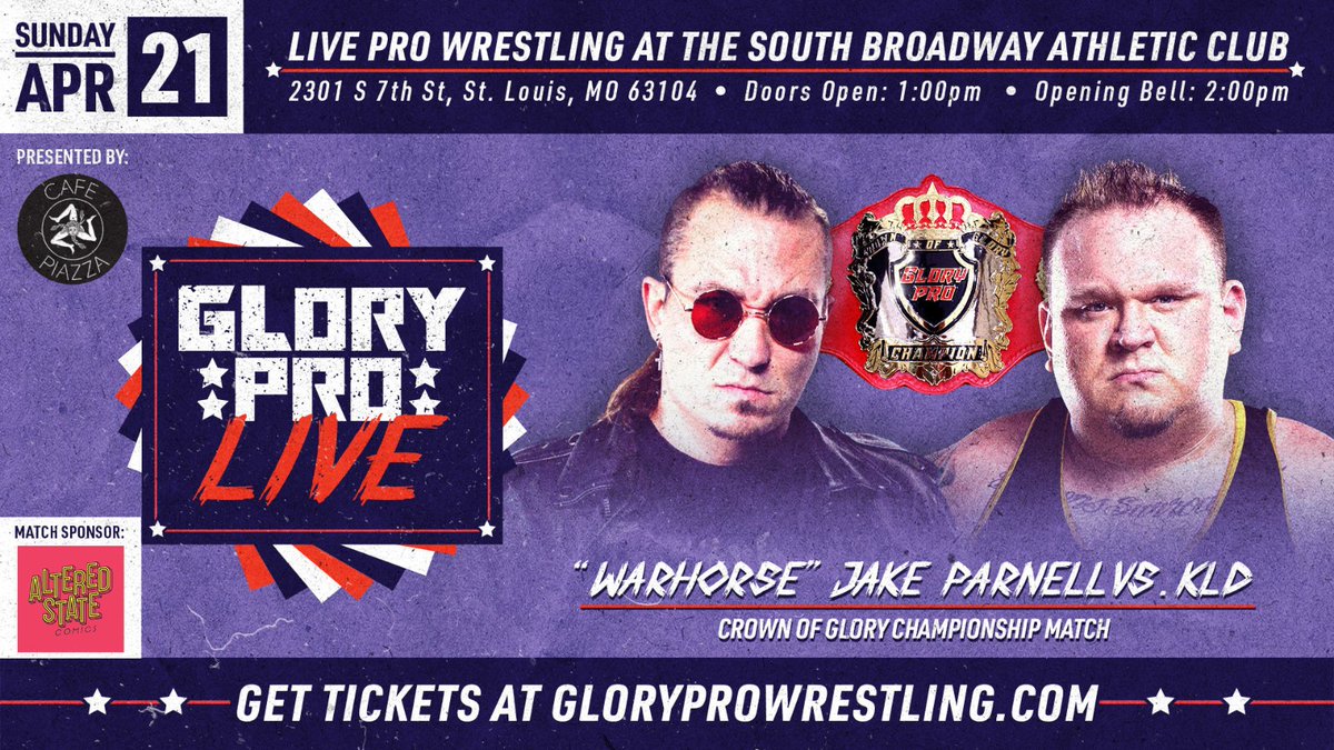 Glory Pro LIVE from the historic South Broadway Athletic Club! @JPWARHORSE defends the Crown of Glory Championship against @GoldenCobraKLD Sunday April 21 | 2pm Sponsored by @ComicsState ⬇️TICKETS⬇️