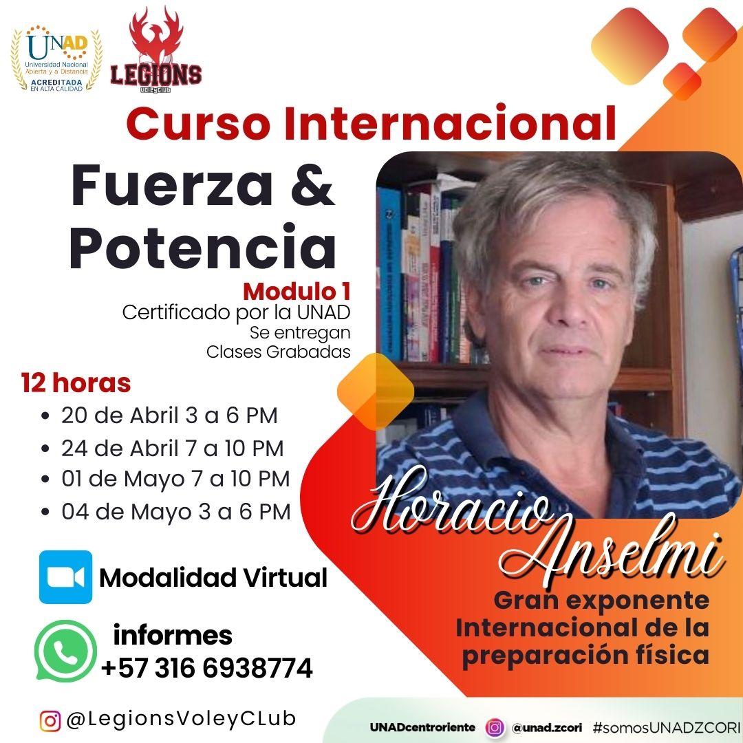 Curso de Fuerza y Potencia
Profesor Horacio Anselmi Enseñará sobre Planificación del Entrenamiento, novedades en entrenamiento intermitente y retardo a la fatiga, fuerza reactiva, pliometría, aceleración y freno, detección y desarrollo de talentos deportivos. 
🟢 Info: 3166938774