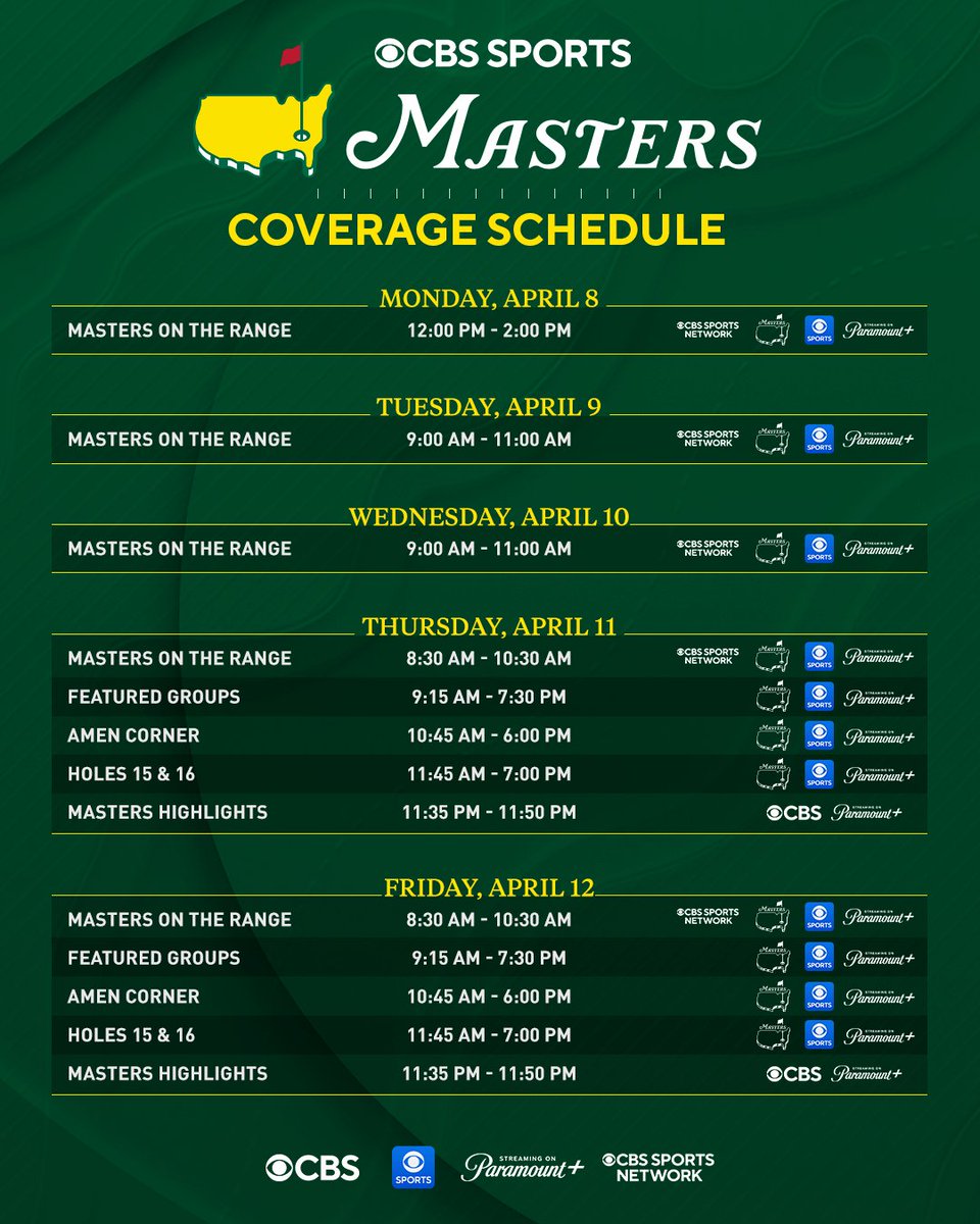 GolfonCBS's tweet photo. Our complete 2024 @TheMasters coverage schedule 📺📲 https://t.co/xNm9IHyB68