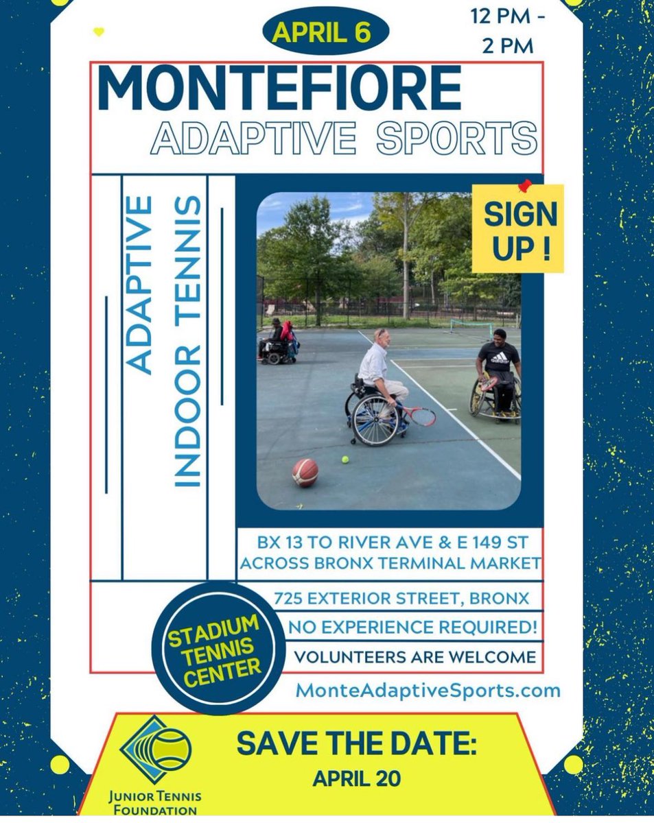 Sign up for our monthly #adaptivesports event on April 20th 🎾 Volunteers are welcome‼️ See flyer for details!