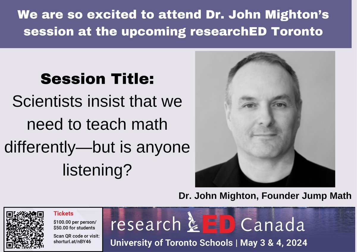 If you haven't heard already, Dr. John Mighton will be attending this year's 'The Science of Learning' conference with researchED from May 3-4 in Toronto! Dr. Mighton's talk, 'Scientists insist that we need to teach math differently—but is anyone listening?',  explores.. (1/2)