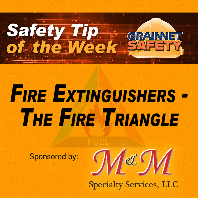 GrainJ_Safety's tweet photo. The fire triangle illustrates the three elements a fire needs to ignite. Heat, Fuel, and Oxygen. There are 4 main types of portable fire extinguishers, this week's Safety Tip is brought to you by M&amp;M Specialty Services, LLC → https://t.co/NqdWrBH4UX https://t.co/UJV6lrPyLs