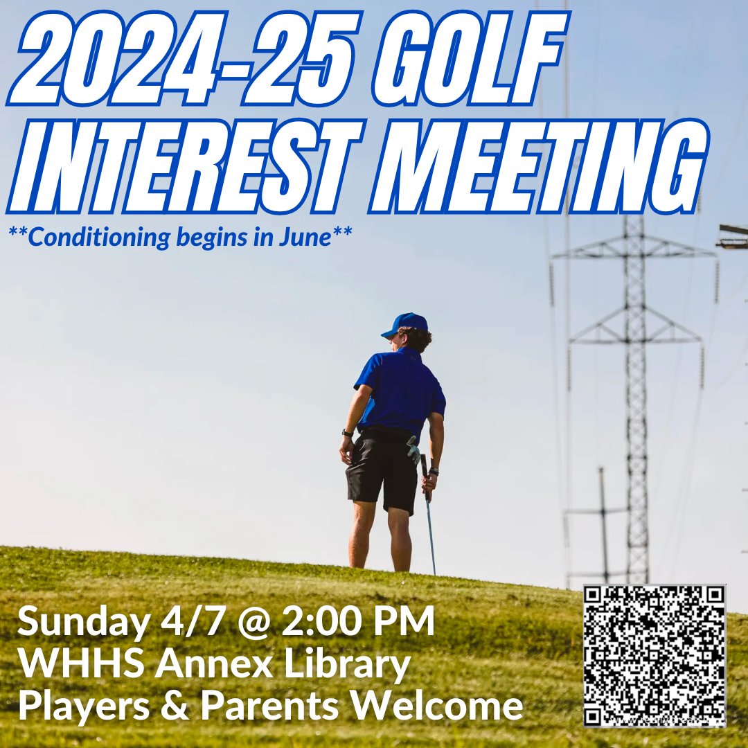 There will be an interest meeting April 7th at 2:00 PM in the White House High School Annex Library for athletes and their parents regarding the 2024 Golf Season. 

#whitehousebdp #bdp #whitehousegolf