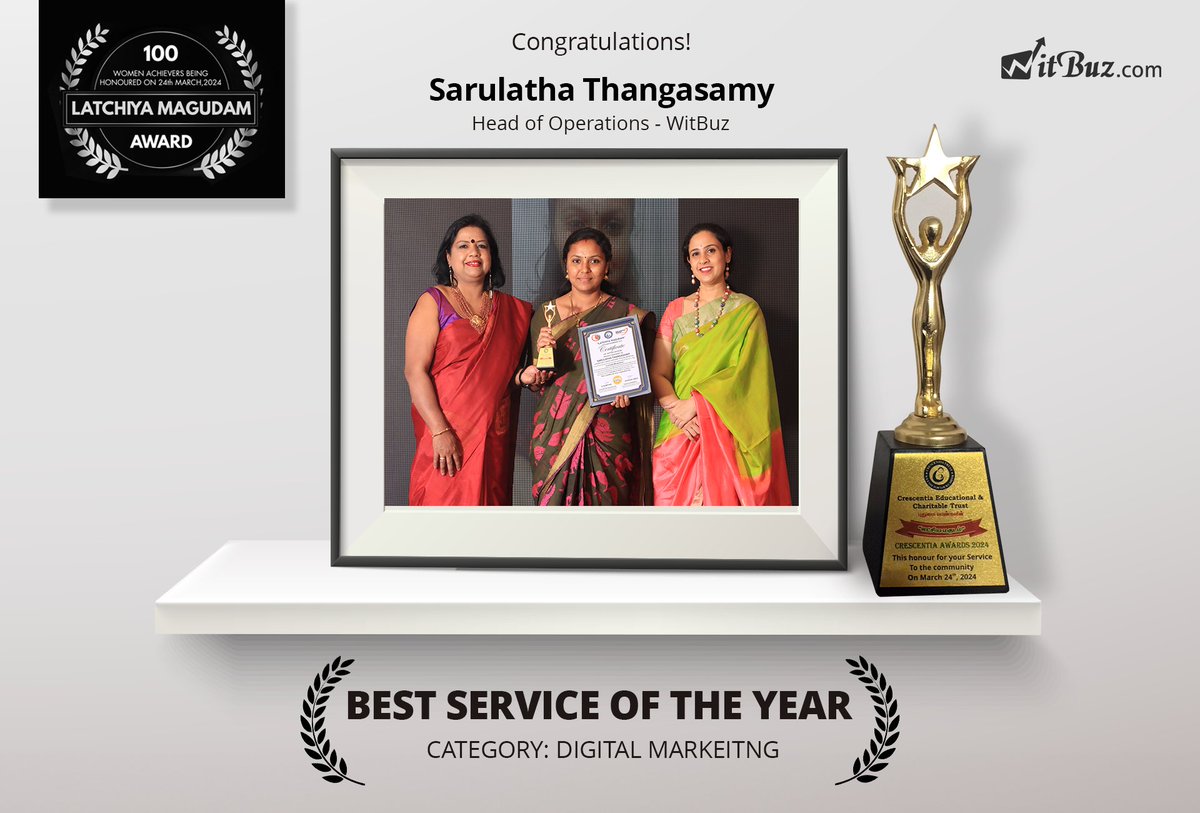 We are thrilled to announce that Sarulatha Thangasamy, our Head of Operations at WitBuz, has been honored with the prestigious 'Latchiya Magudam - Women Achievers Awards 2024' in the category of Digital Marketing! 🏆

#WomenAchievers #DigitalMarketing #AwardWinner #WitBuz