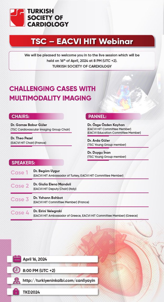 👩🏼‍💻 Live webinar in collaboration with the Turkish Society of Cardiology🫀 Can’t wait to discuss challenging cases with #EACVI #HIT experts 🤩🗣️ 16th of April, link below ⬇️ Thanks @uygurbegum_ for hosting us 🌟 @PezelT @gamzebaburguler @yohann_bohbot @erini_velegraki