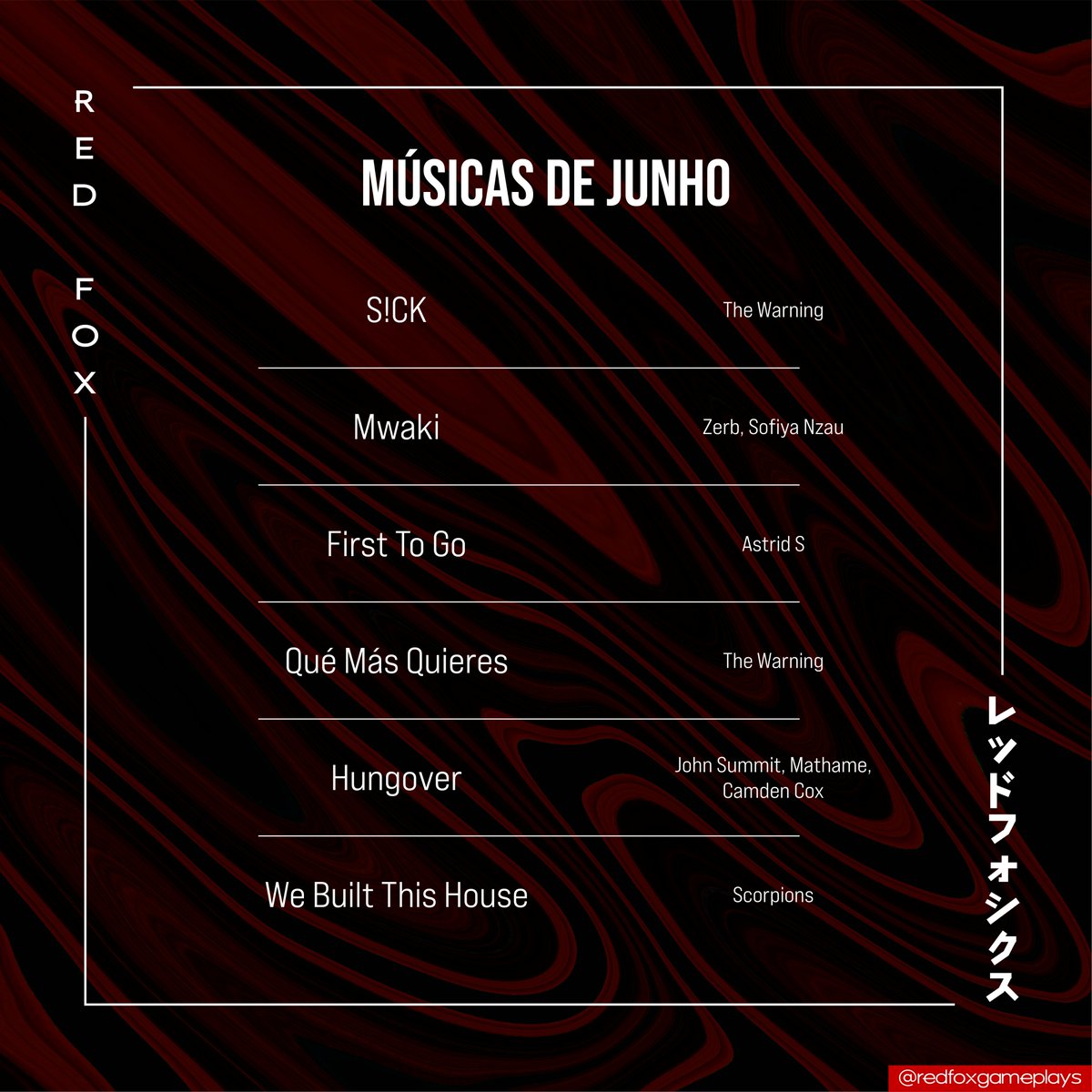 AndreyEshima's tweet photo. enfim, as musicas que eu mais ouvi em junho!! e só tem musica boa, tipo a Mwaki que musica f*da!!!
#redfoxgameplays #spotify #music #thewarning #zerb #astrids #johnsummit #edm #scorpions #rock https://t.co/1ehOURWX7D