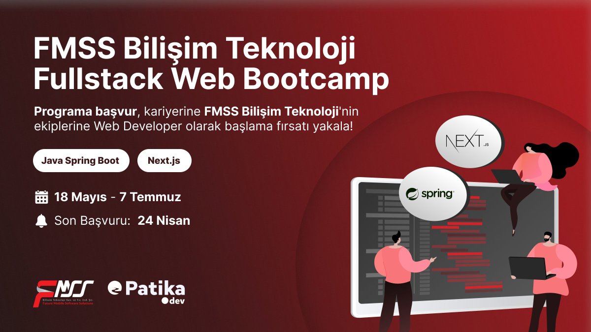 Java Spring Boot ve Next.js öğrenmek isteyenlere harika bir haber ile geldik 🚀 FMSS Bilişim Teknoloji iş birliğiyle ücretsiz Fullstack Web Bootcamp başlıyor! 🎉 Bu ücretsiz programa başvur, kariyerine FMSS Bilişim Teknoloji ekibinde başla! 👇 🔗 patika.dev/programlar/fms…