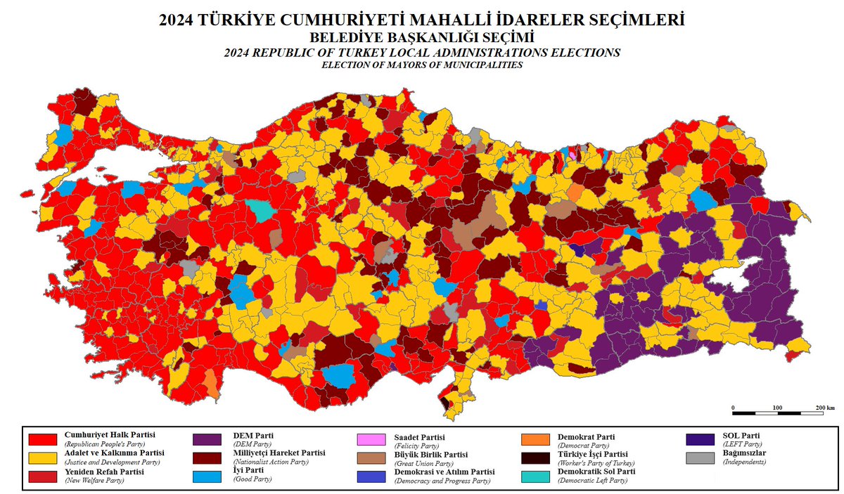 İl sonuçları kadar İlçeler bazında Yerel Seçimlerin okunması gerektiğini gösteren ayrıntılı Türkiye Yerel Seçim Haritasi