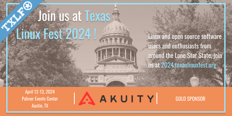 A huge thank you goes out to @akuityio for being a Gold Sponsor of the #TXLF 2024! Join us at Texas Linux Fest April in LESS THAN 11 DAYS on,12-13, 2024 in Austin, TX! 2024.texaslinuxfest.org/pricing/