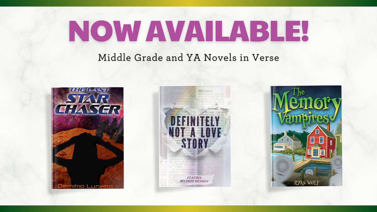 📣 It’s release day!! 🤩

Happy pub day to our authors <a href="/DemitriaLunetta/">Demitria Lunetta</a>, Claudia Recinos Seldeen, and <a href="/ryanswolf/">Ryan Wolf</a>!

These BRAND-NEW verse novels are full of adventure, with tales of space travel, young love, and even a few vampires!

Grab your copies today: conta.cc/3IWd1qr