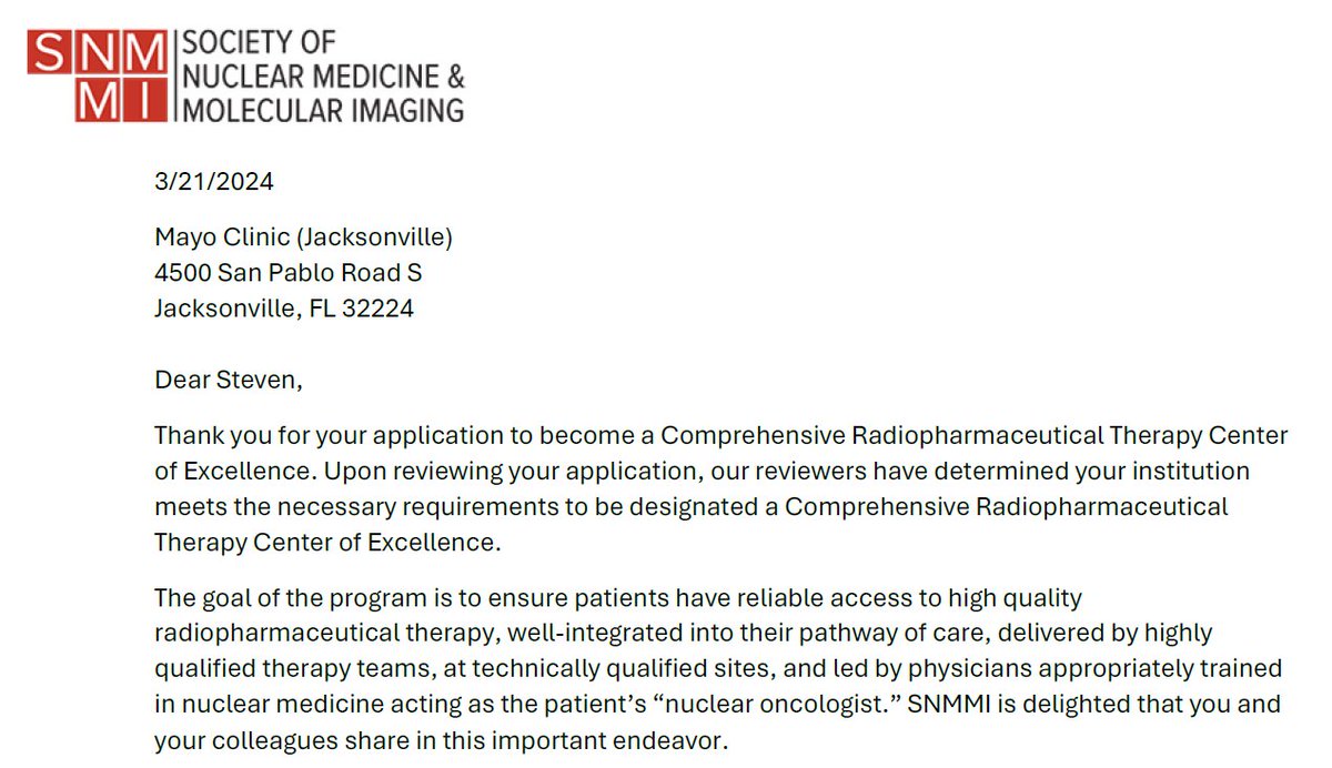 Excited to share our latest accomplishment in the realm of #theranostics patient care. Mayo Clinic Florida has been approved as a Comprehensive Radiopharmaceutical Therapy Center of Excellence via @SNM_MI
#SNMMIRPTCOE #PatientCenteredCare #MayoClinicFl