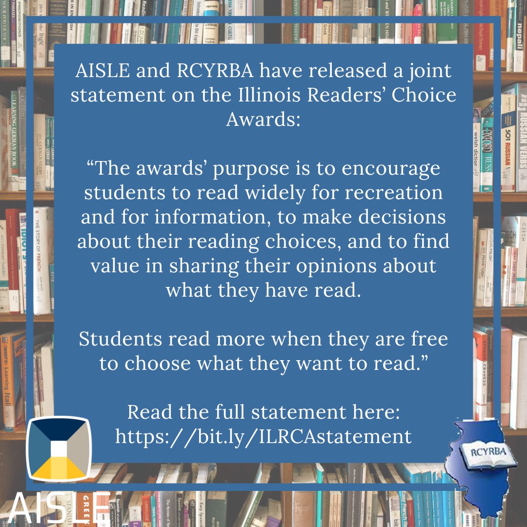 We have released a joint statement with @RCYRBA on the Illinois Readers' Choice Awards. These awards are student-centered, celebrating student voice & choice. It is considered a best practice for schools & libraries to participate in these programs. bit.ly/ILRCAstatement