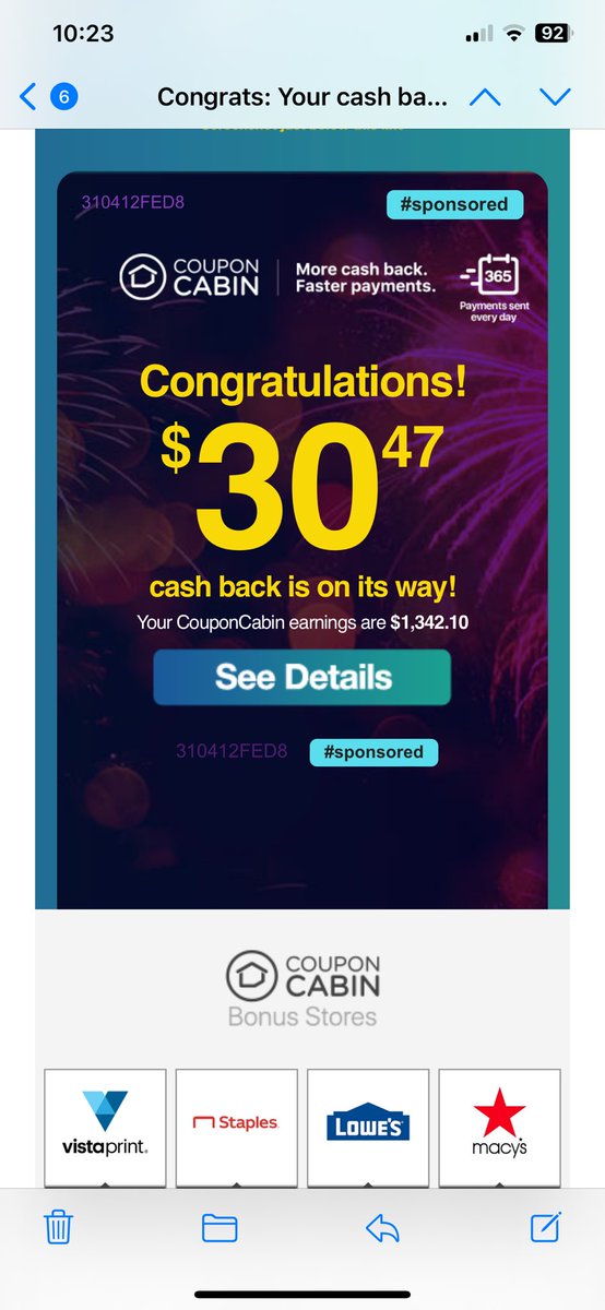 billmill9's tweet photo. @CouponCabin thanks for my cash back! https://t.co/sLHi37F512