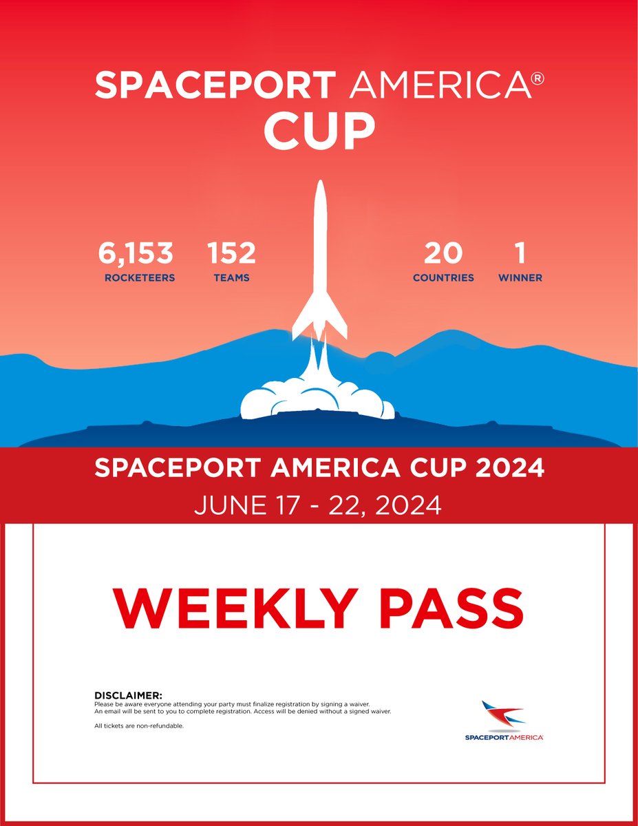 Spectator tickets for the 2024 Spaceport America Cup are available for purchase 🚀 Weekly passes for the world's largest intercollegiate rocketry competition can be purchased at the link below ✨ Pricing | $16 for adults, $9 for youth (18 & under) 🎟️ | bit.ly/3IWwtDr