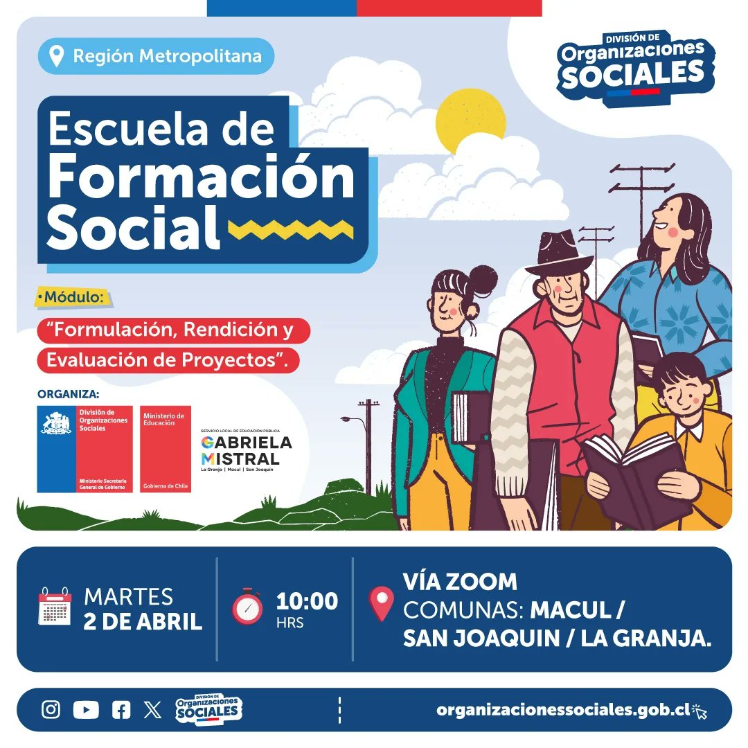 dos_segegob's tweet photo. ¡La semana en nuestra Escuela de Formación Social!

Nuestro equipo estará en la RM, impartiendo los módulos: "Formulación, rendición y evaluación de proyectos" y "Mujeres Lideresas" desde hoy lunes 1 hasta el viernes 5 de abril.
 
¡Desliza y revisa las comunas! https://t.co/iTUAFNspJ9